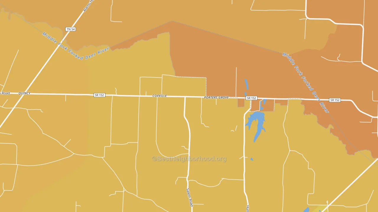 Map of the best neighborhoods in the Coxville area, with better matches in green and worse matches in red