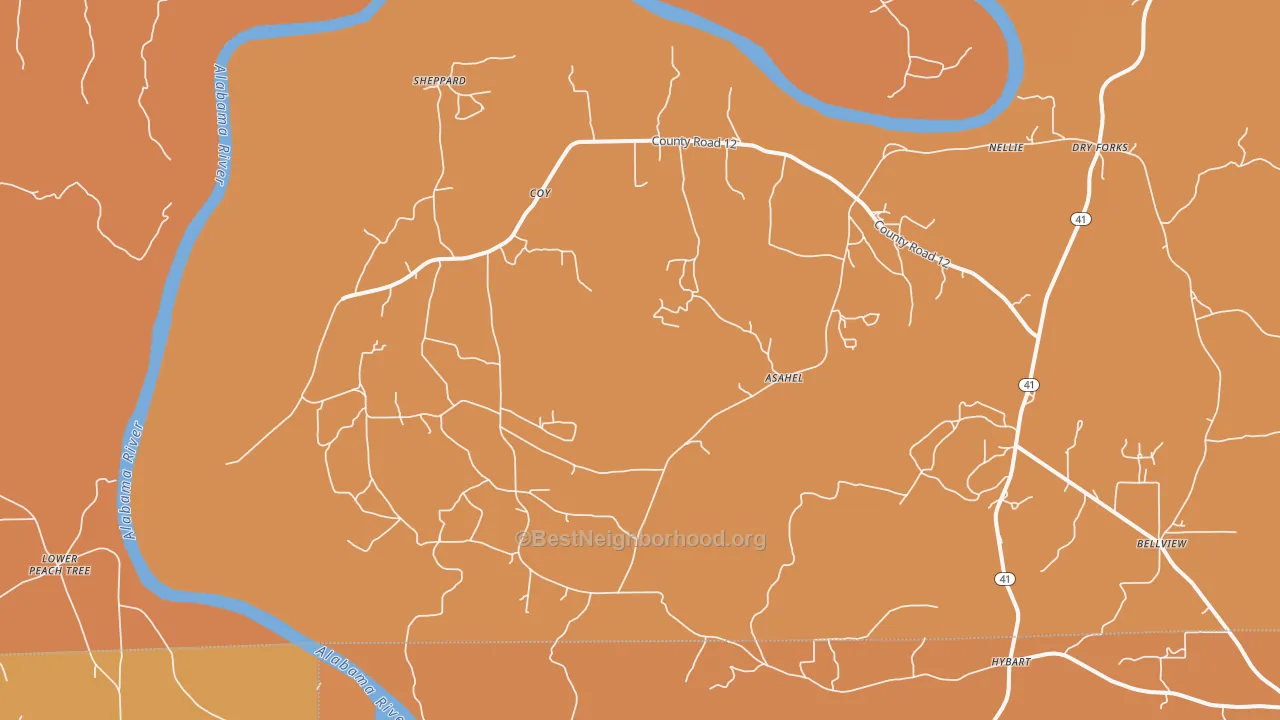 Map of the best neighborhoods in the Coy area, with better matches in green and worse matches in red