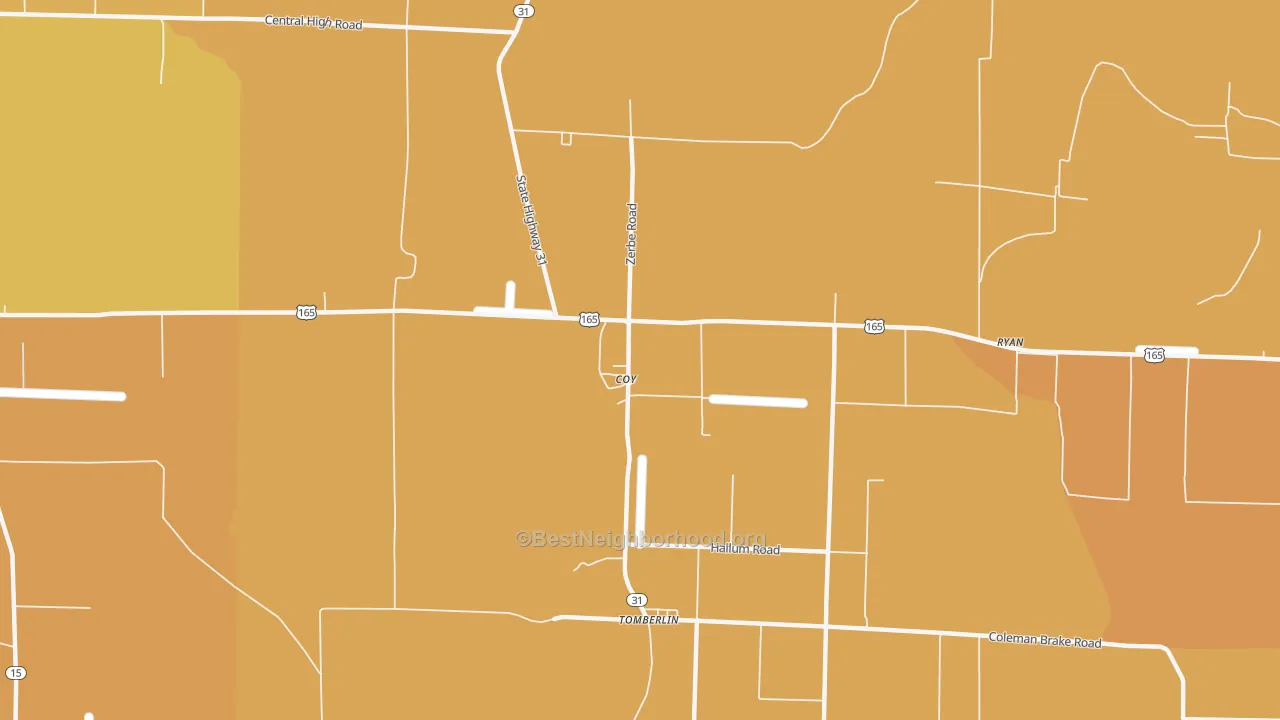 Map of the best neighborhoods in the Coy area, with better matches in green and worse matches in red