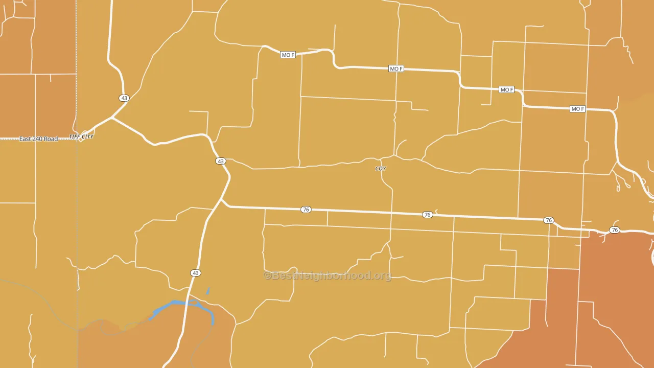 Map of the best neighborhoods in the Coy area, with better matches in green and worse matches in red