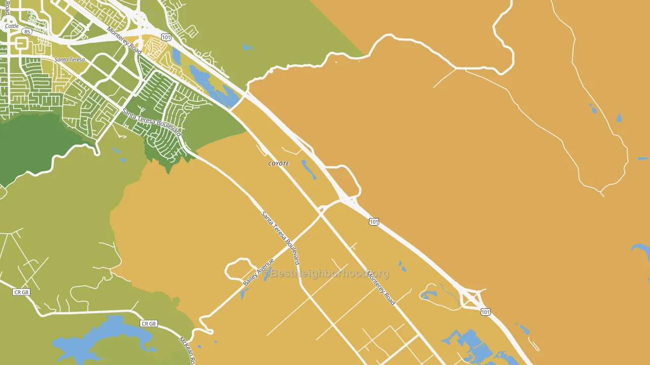 Map of the best neighborhoods in the Coyote area, with better matches in green and worse matches in red