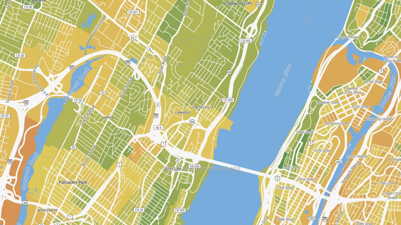 Map of the best neighborhoods in the Coytesville, Fort Lee area, with better matches in green and worse matches in red