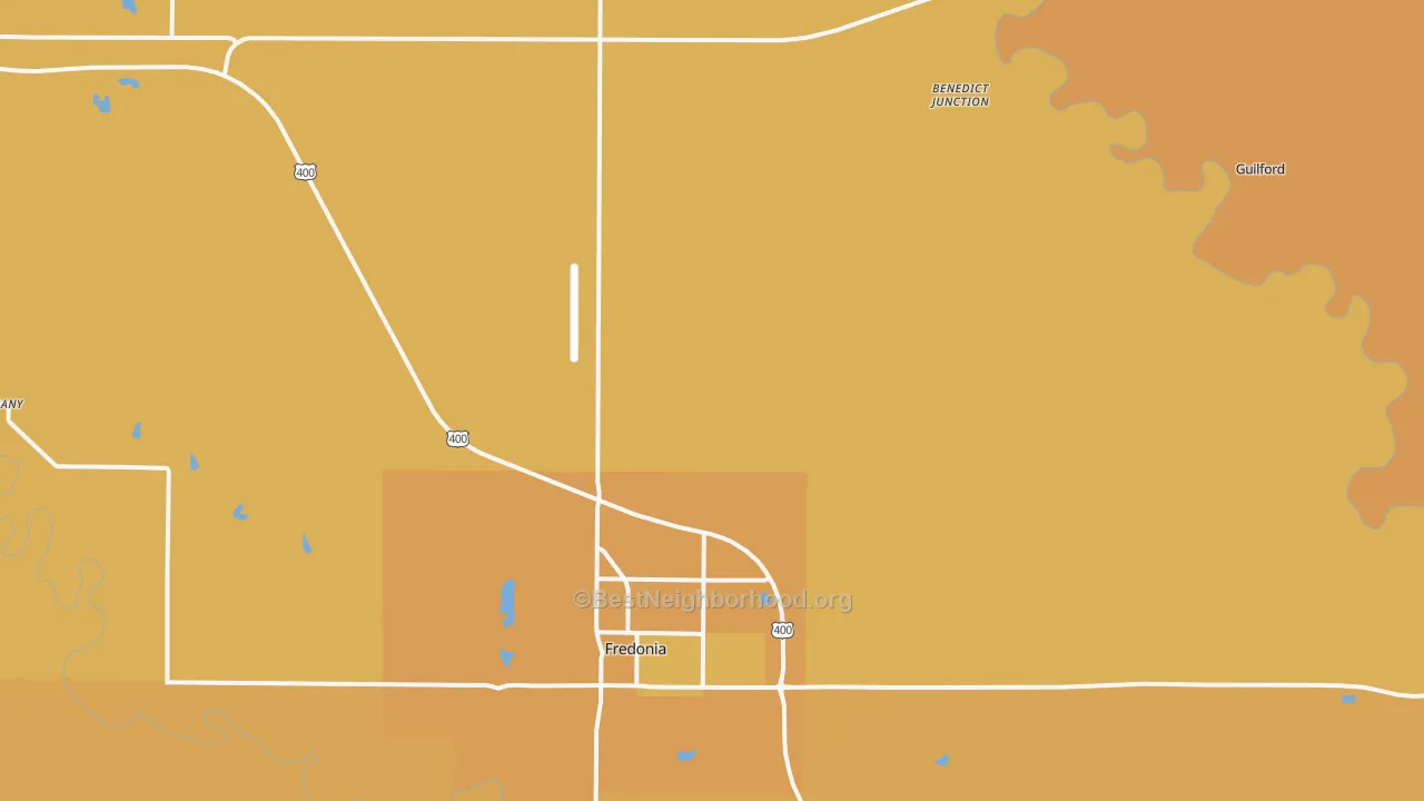 Map of the best neighborhoods in the Coyville area, with better matches in green and worse matches in red