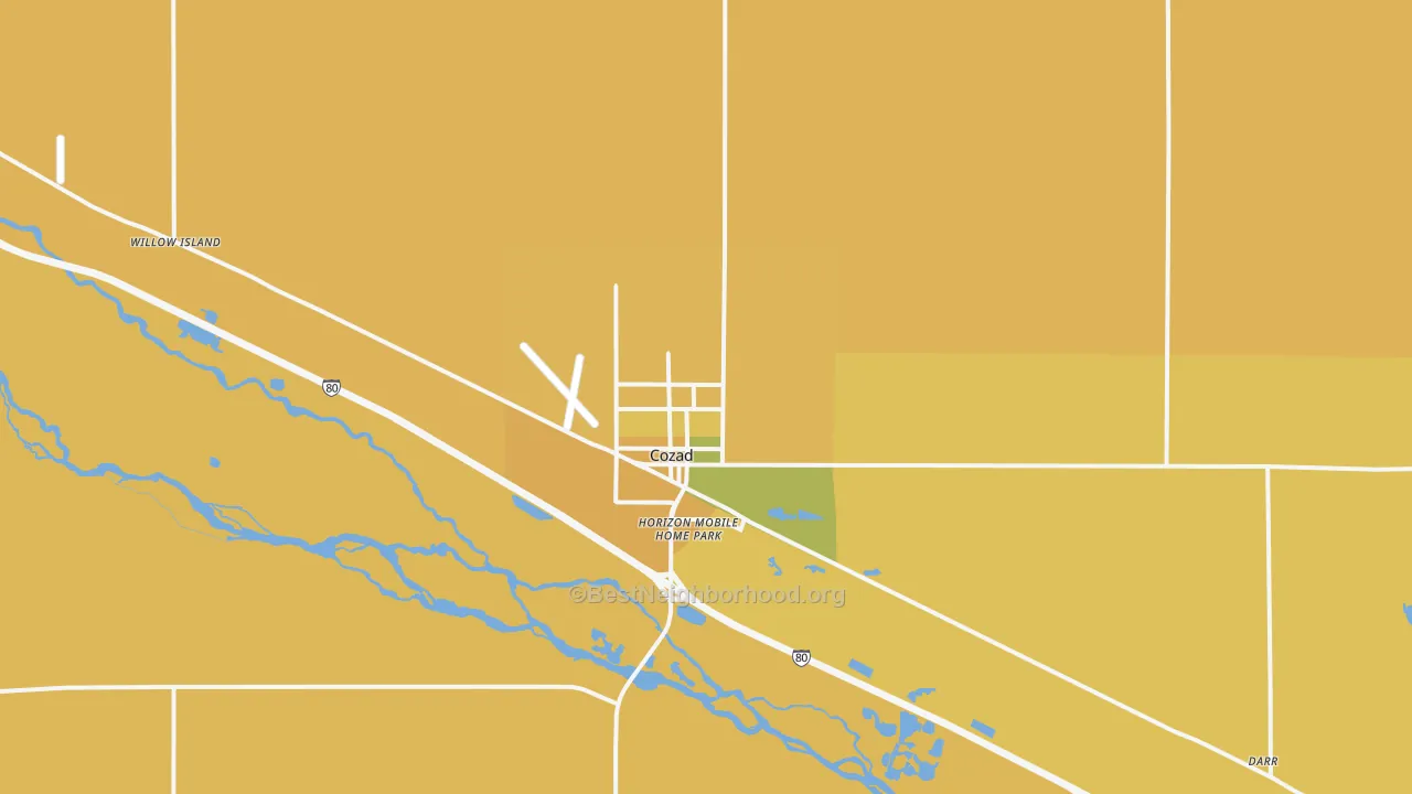 Map of the best neighborhoods in the Cozad area, with better matches in green and worse matches in red