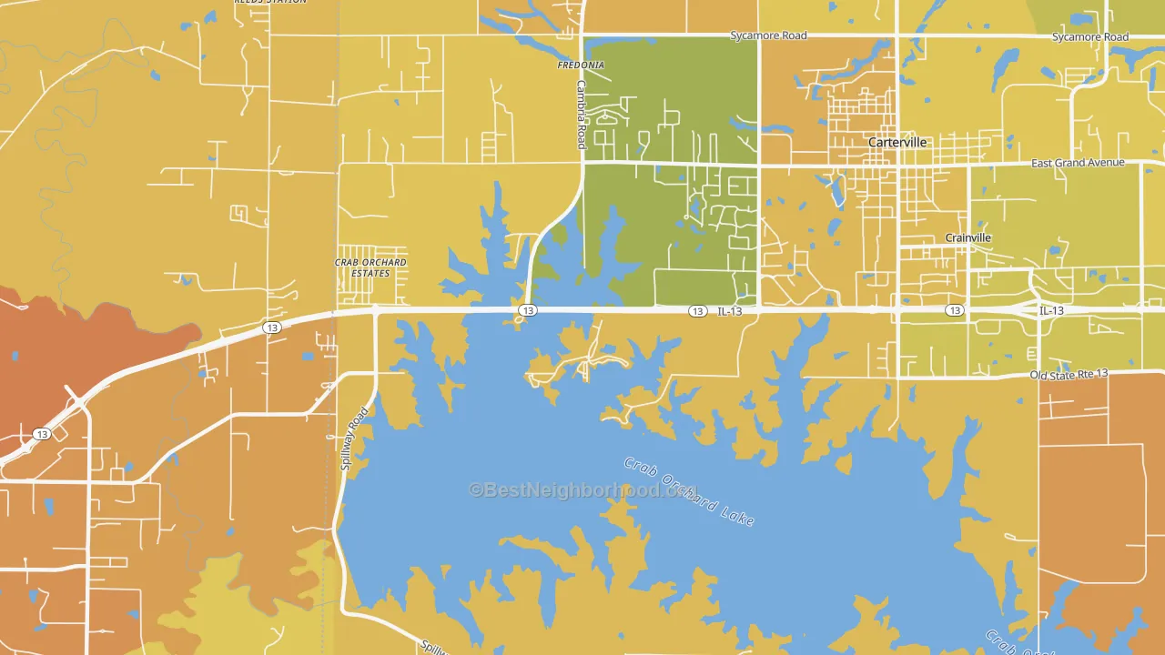 Map of the best neighborhoods in the Crab Orchard Estates area, with better matches in green and worse matches in red