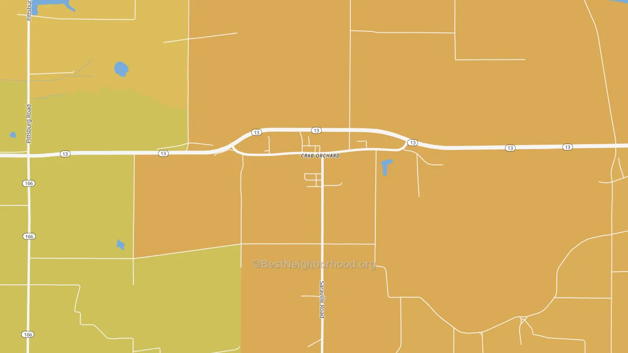 Map of the best neighborhoods in the Crab Orchard area, with better matches in green and worse matches in red