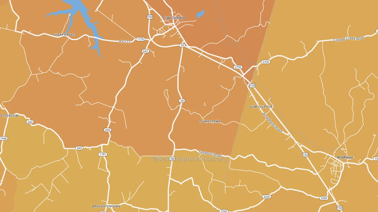 Map of the best neighborhoods in the Crab Orchard area, with better matches in green and worse matches in red