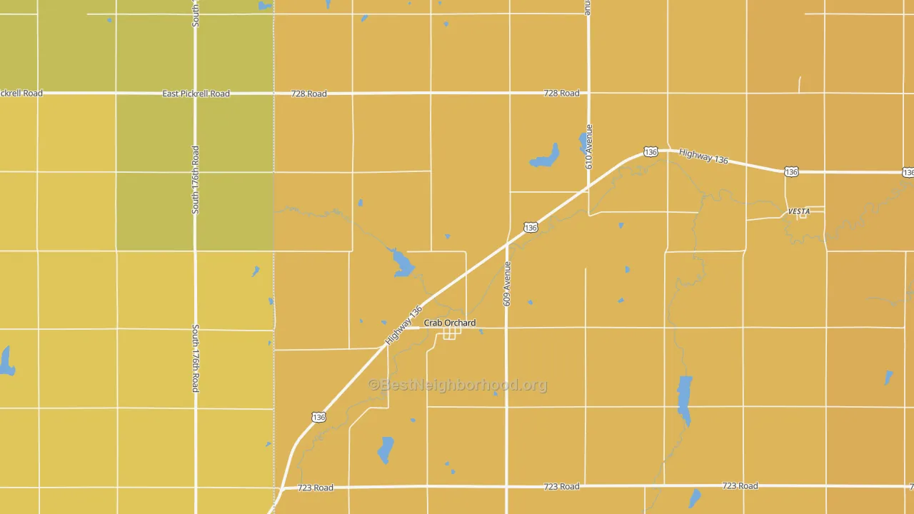 Map of the best neighborhoods in the Crab Orchard area, with better matches in green and worse matches in red