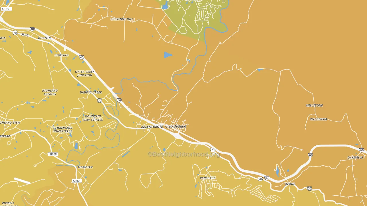 Map of the best neighborhoods in the Crab Orchard area, with better matches in green and worse matches in red