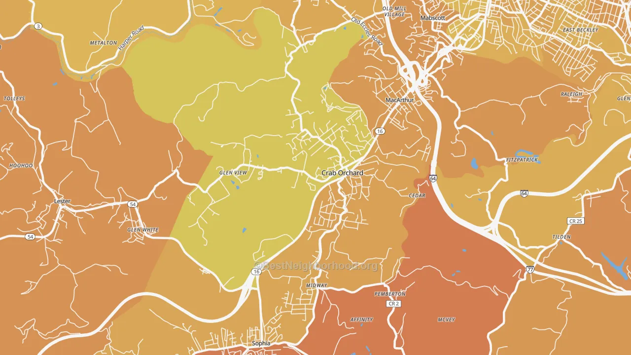Map of the best neighborhoods in the Crab Orchard area, with better matches in green and worse matches in red