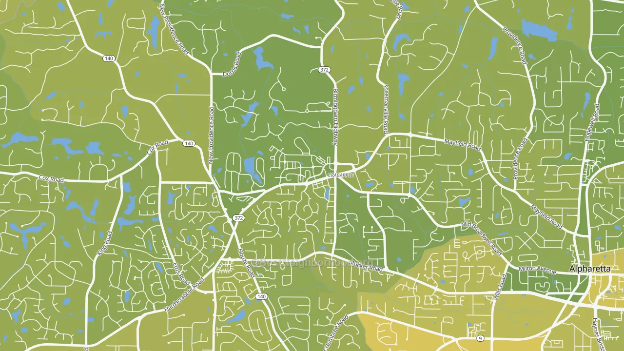 Map of the best neighborhoods in the Crabapple, Milton area, with better matches in green and worse matches in red
