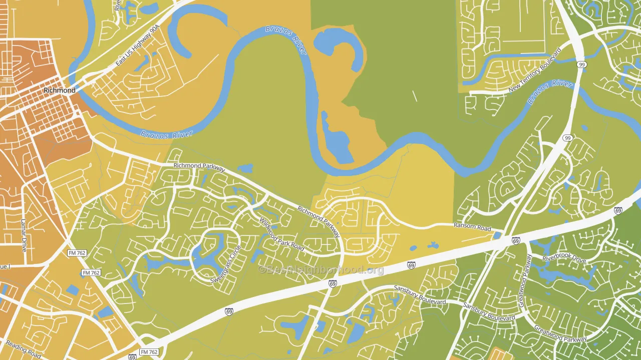 Map of the best neighborhoods in the Crabb area, with better matches in green and worse matches in red