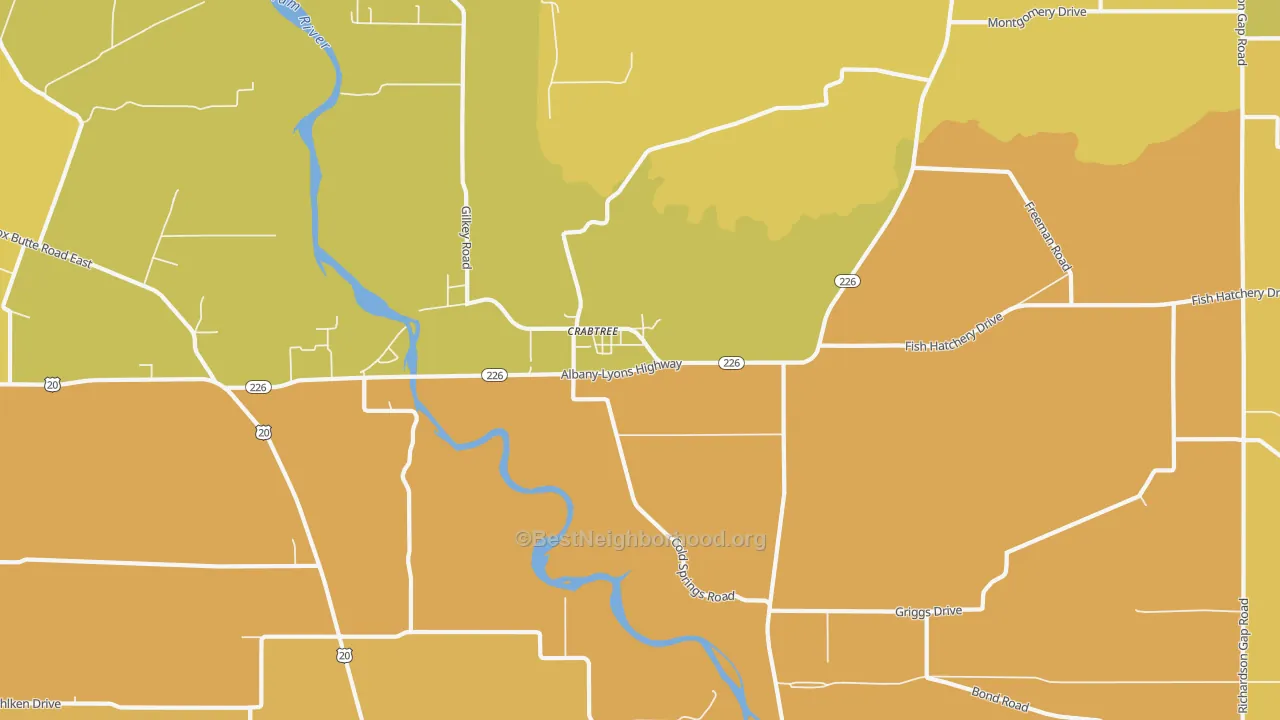 Map of the best neighborhoods in the Crabtree area, with better matches in green and worse matches in red