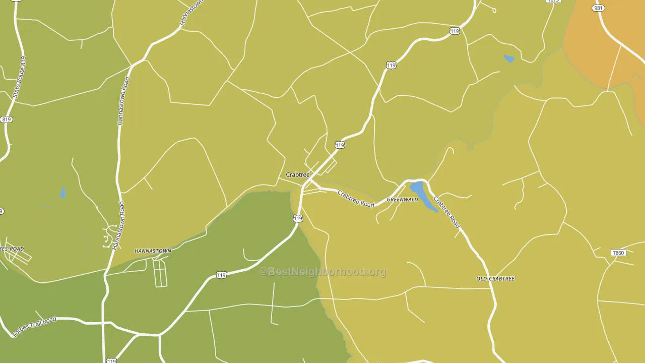 Map of the best neighborhoods in the Crabtree area, with better matches in green and worse matches in red