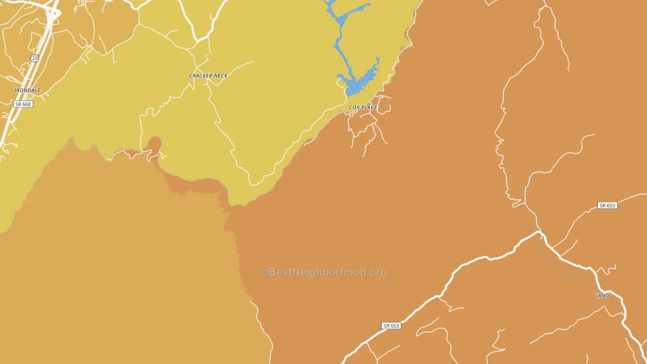 Map of the best neighborhoods in the Cracker Neck area, with better matches in green and worse matches in red