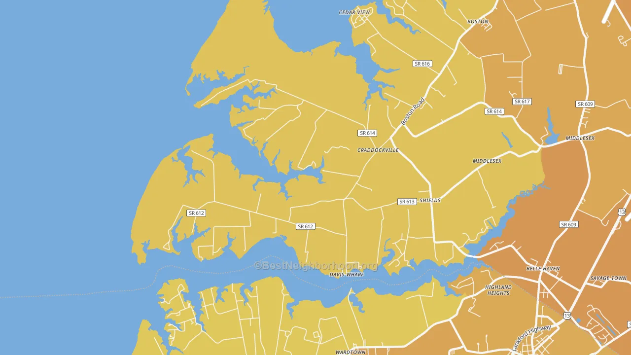 Map of the best neighborhoods in the Craddockville area, with better matches in green and worse matches in red
