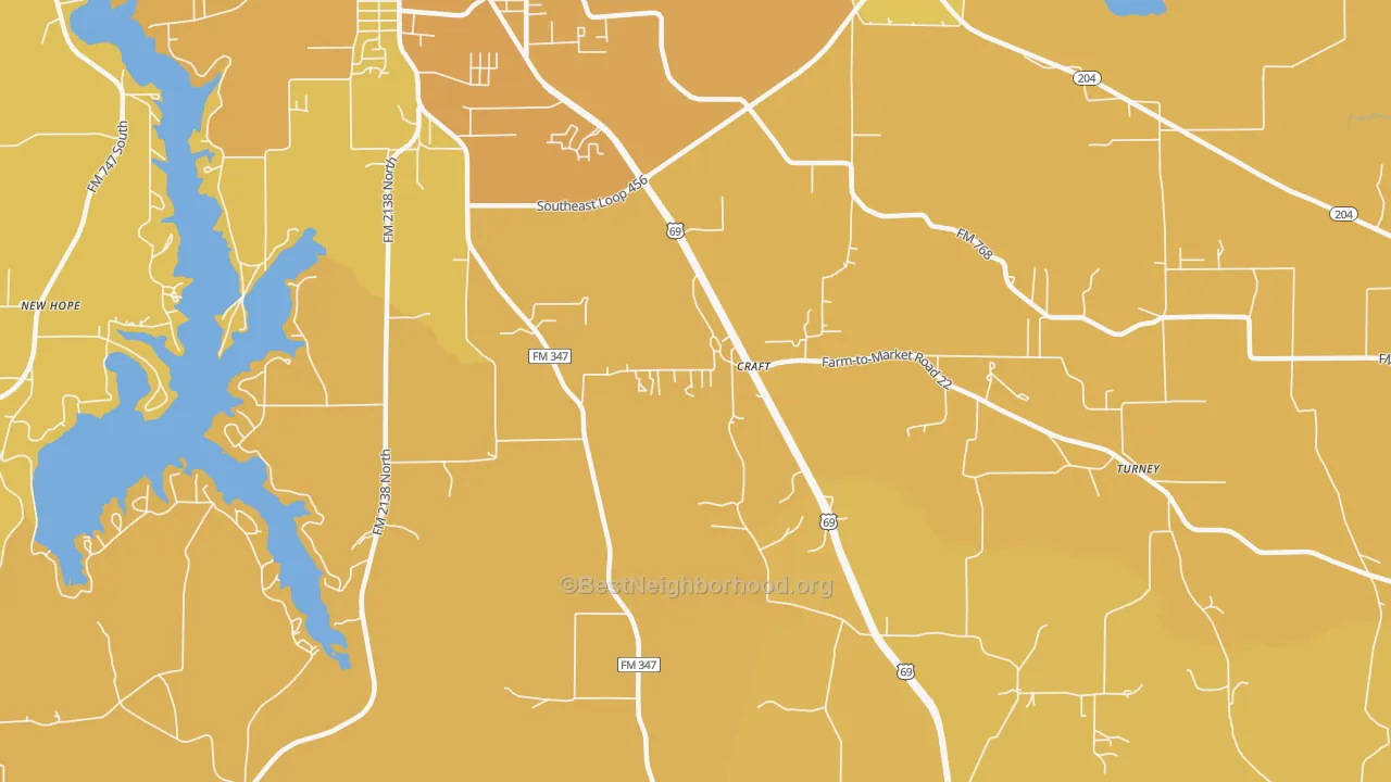 Map of the best neighborhoods in the Craft area, with better matches in green and worse matches in red