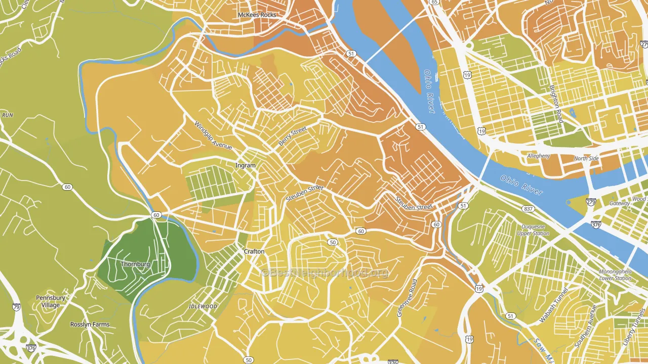 Map of the best neighborhoods in the Crafton Heights, Pittsburgh area, with better matches in green and worse matches in red