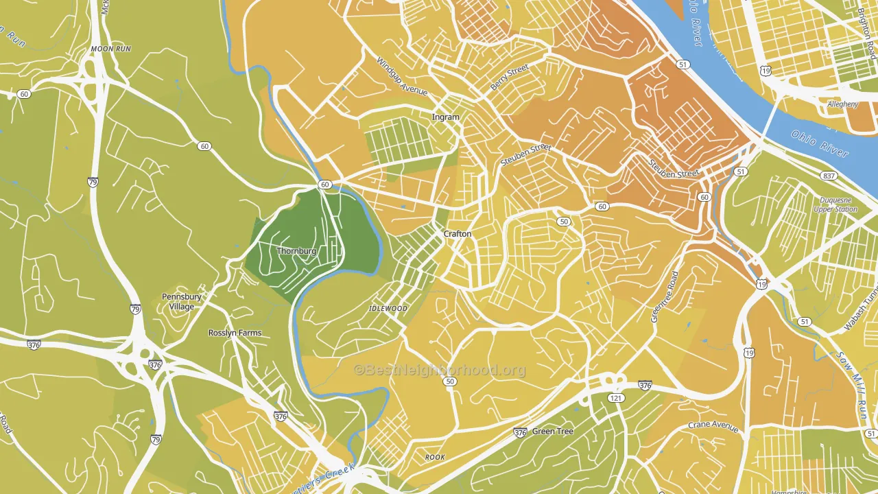 Map of the best neighborhoods in the Crafton area, with better matches in green and worse matches in red