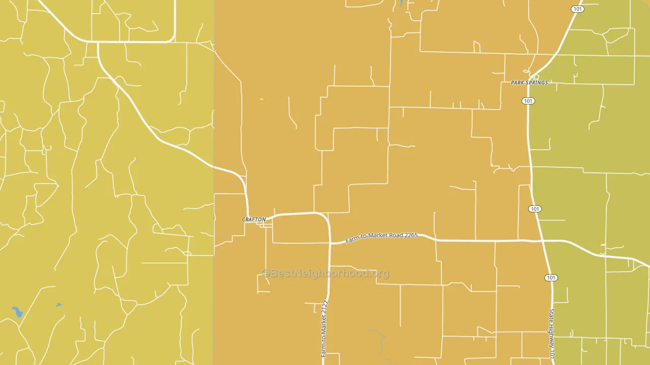 Map of the best neighborhoods in the Crafton area, with better matches in green and worse matches in red