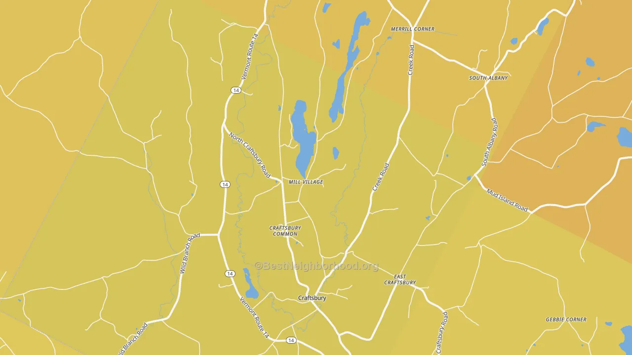 Map of the best neighborhoods in the Craftsbury Common area, with better matches in green and worse matches in red