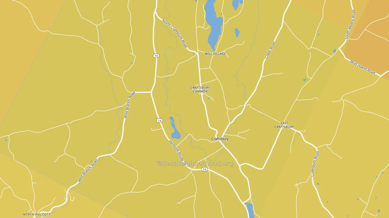 Map of the best neighborhoods in the Craftsbury area, with better matches in green and worse matches in red
