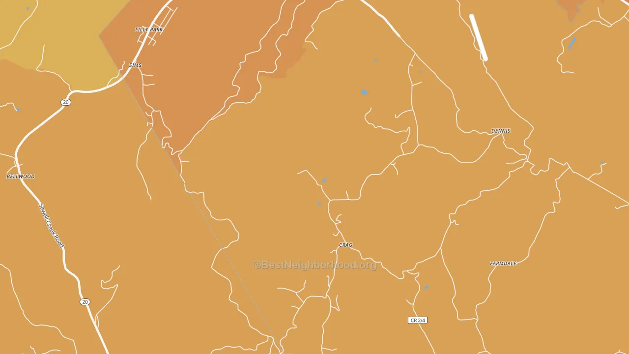 Map of the best neighborhoods in the Crag area, with better matches in green and worse matches in red