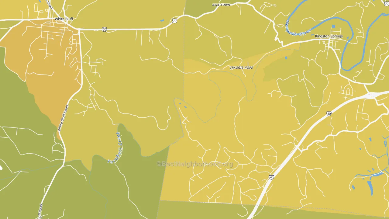 Map of the best neighborhoods in the Craggie Hope area, with better matches in green and worse matches in red