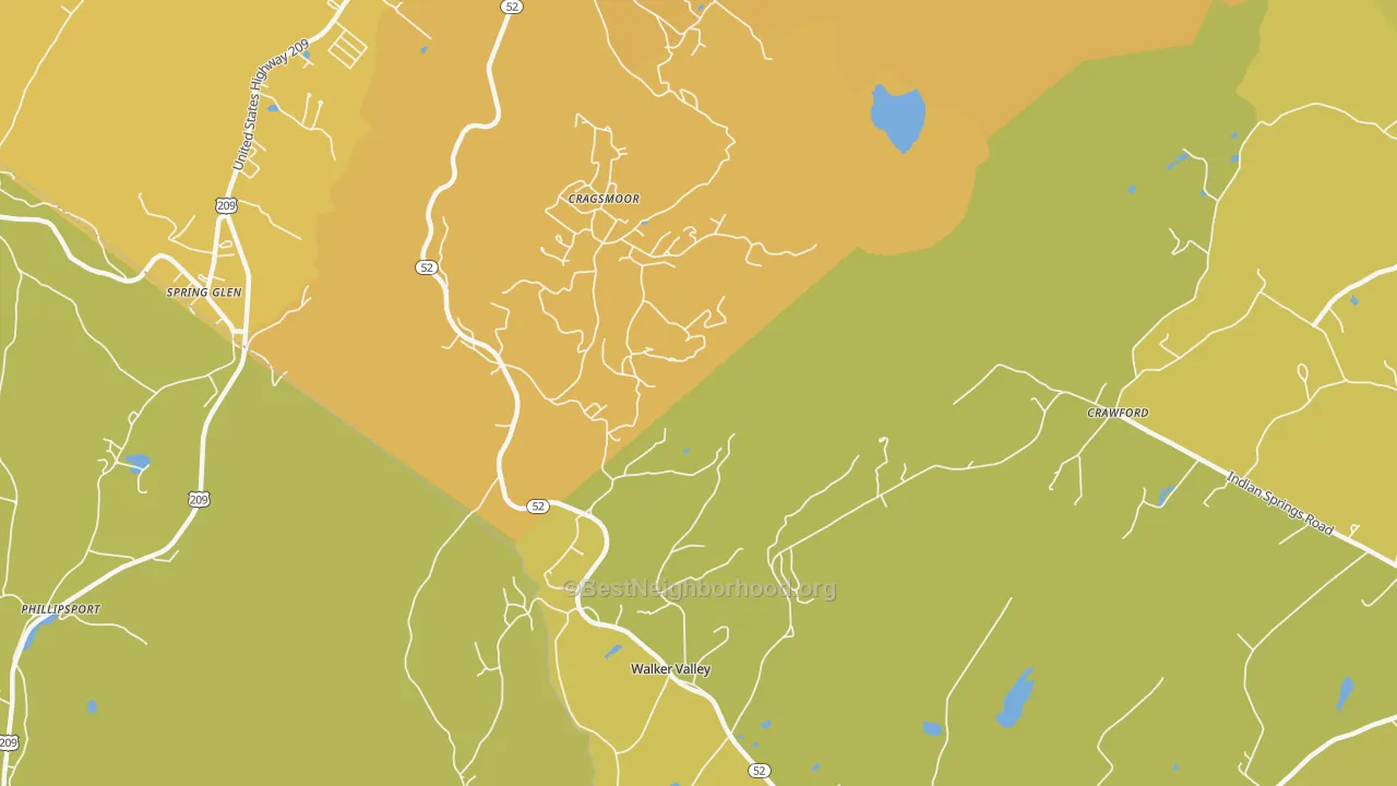 Map of the best neighborhoods in the Cragsmoor area, with better matches in green and worse matches in red
