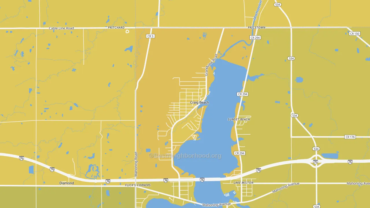 Map of the best neighborhoods in the Craig Beach area, with better matches in green and worse matches in red