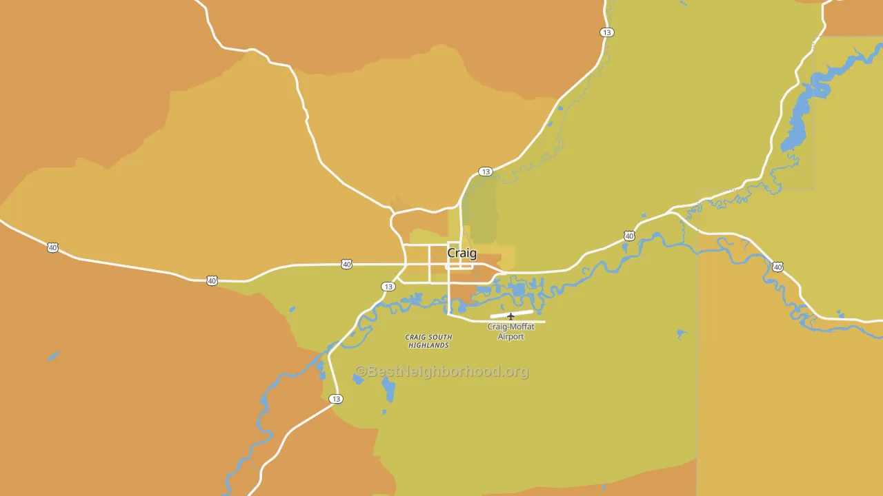 Map of the best neighborhoods in the Craig area, with better matches in green and worse matches in red