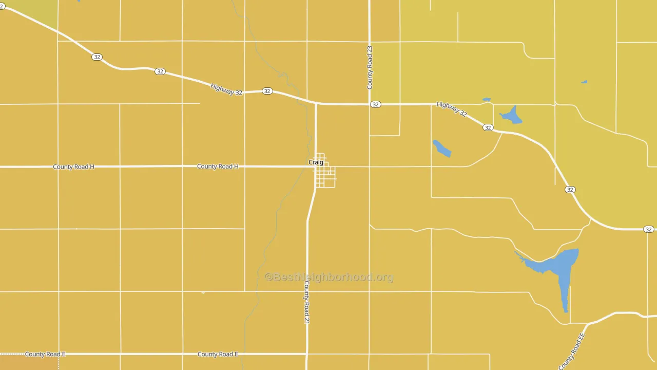 Map of the best neighborhoods in the Craig area, with better matches in green and worse matches in red