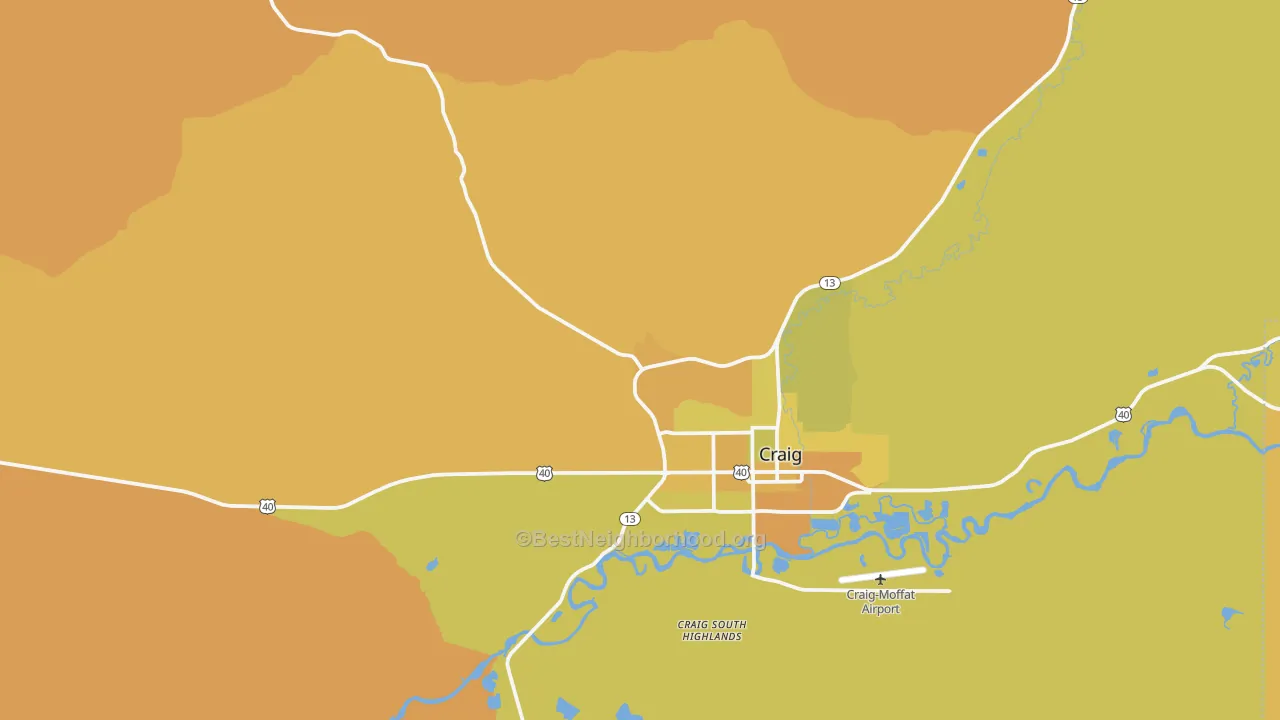 Map of the best neighborhoods in the Craig South Highlands area, with better matches in green and worse matches in red