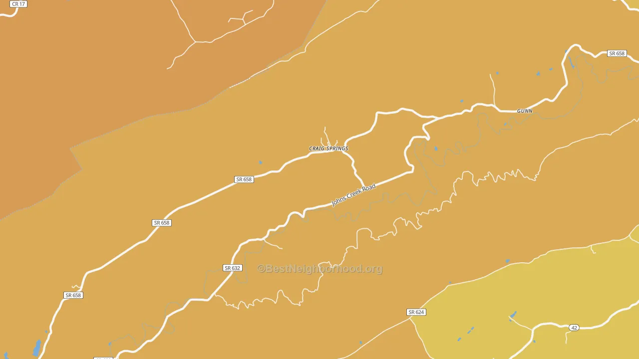 Map of the best neighborhoods in the Craig Springs area, with better matches in green and worse matches in red