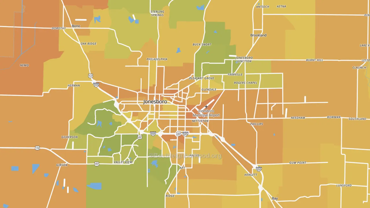 Map of the best neighborhoods in the Craighead County area, with better matches in green and worse matches in red