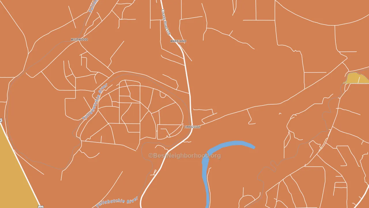 Map of the best neighborhoods in the Craigside area, with better matches in green and worse matches in red