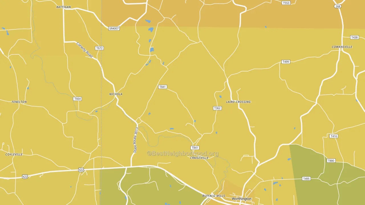 Map of the best neighborhoods in the Craigsville area, with better matches in green and worse matches in red