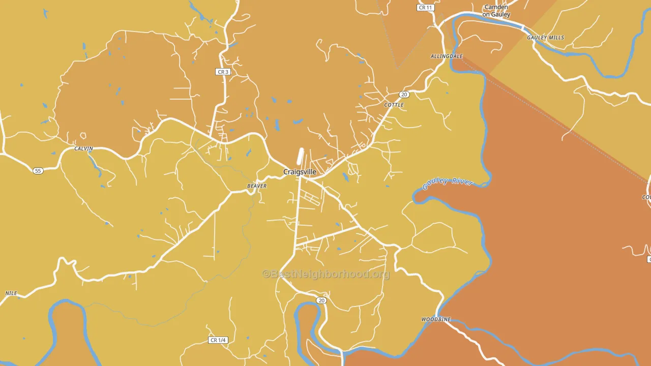 Map of the best neighborhoods in the Craigsville area, with better matches in green and worse matches in red