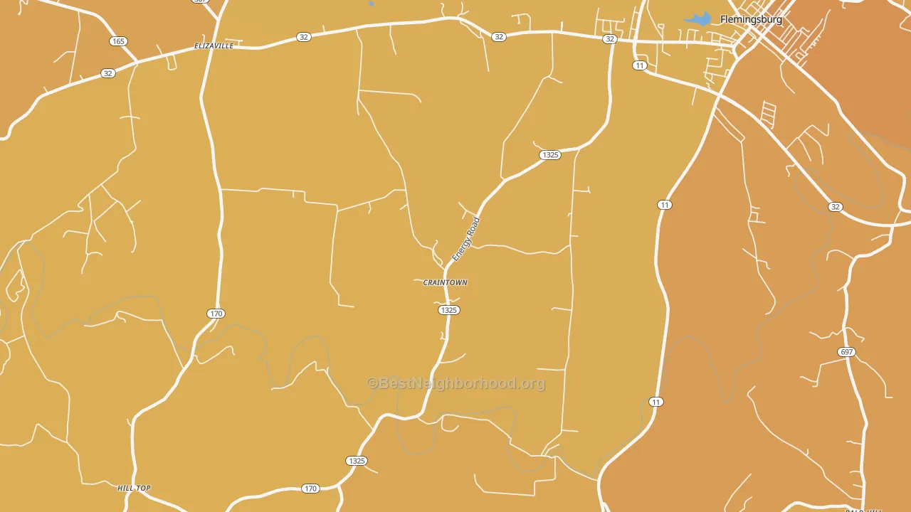 Map of the best neighborhoods in the Craintown area, with better matches in green and worse matches in red