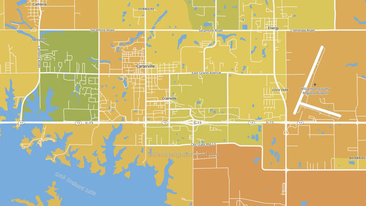Map of the best neighborhoods in the Crainville area, with better matches in green and worse matches in red