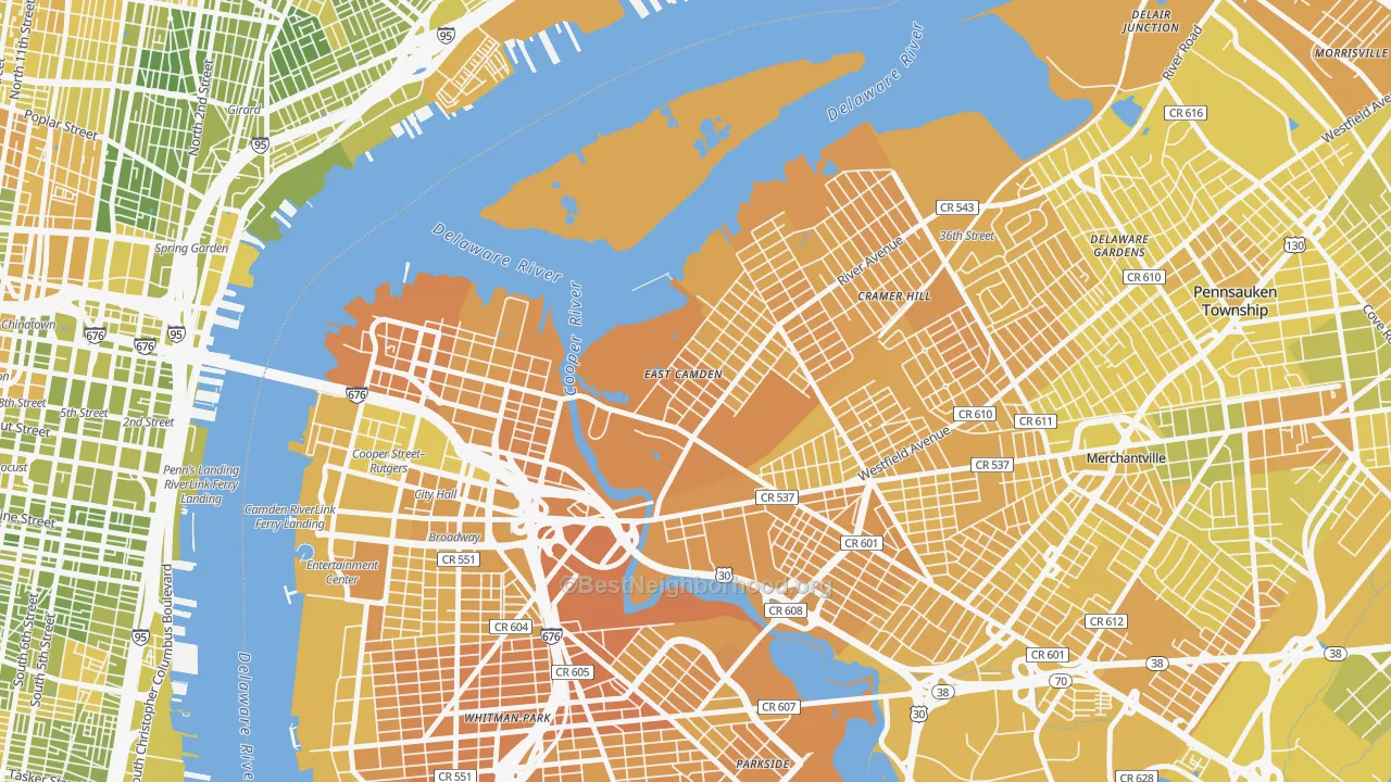 Map of the best neighborhoods in the Cramer Hill, Camden area, with better matches in green and worse matches in red