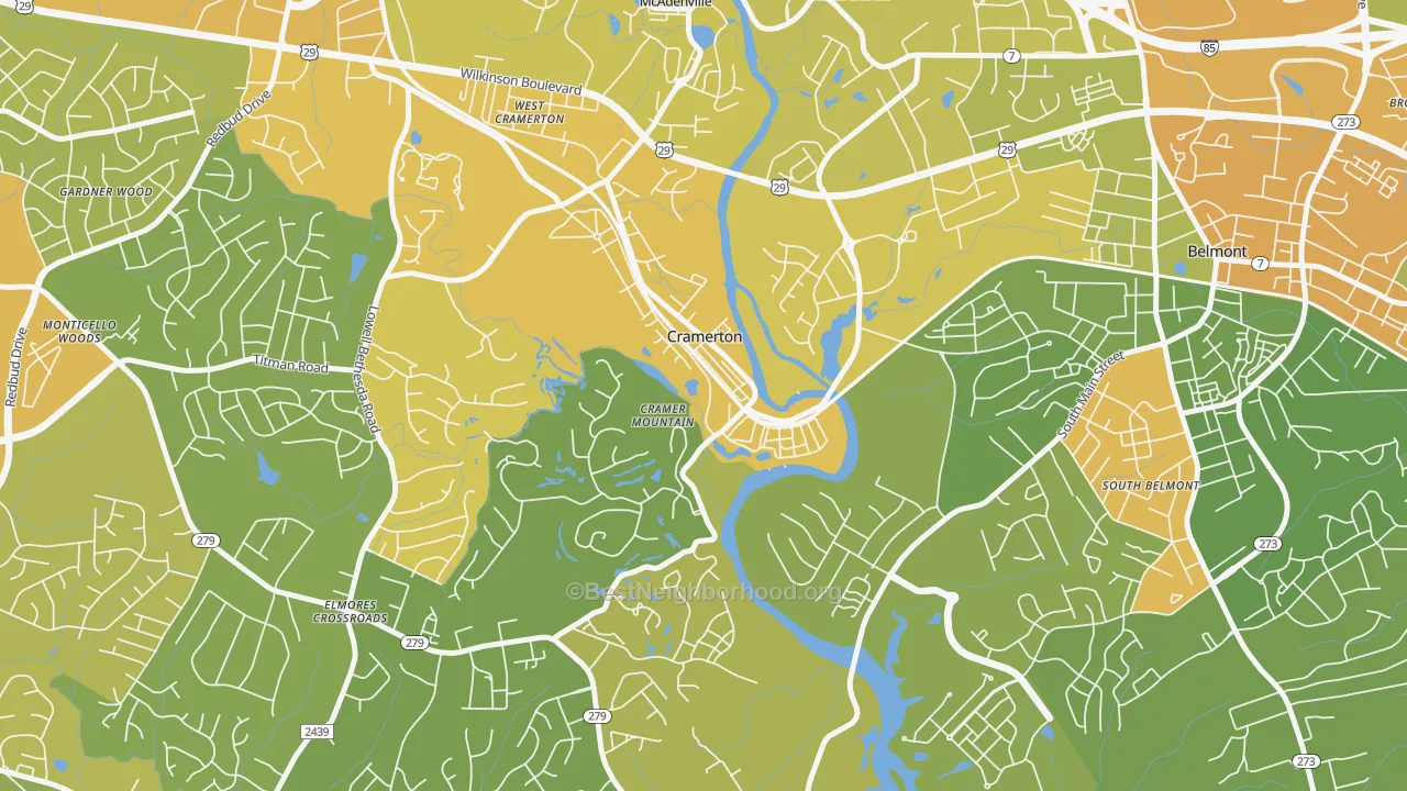 Map of the best neighborhoods in the Cramerton area, with better matches in green and worse matches in red