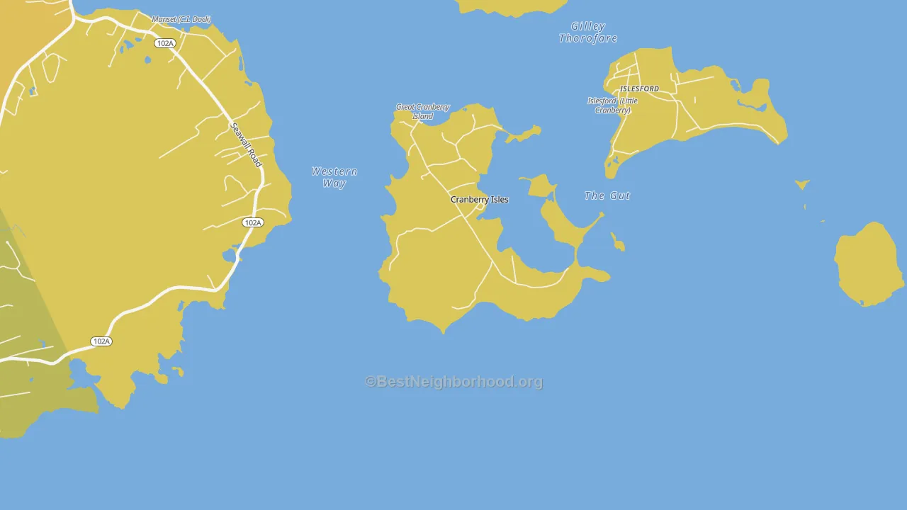 Map of the best neighborhoods in the Cranberry Isles area, with better matches in green and worse matches in red