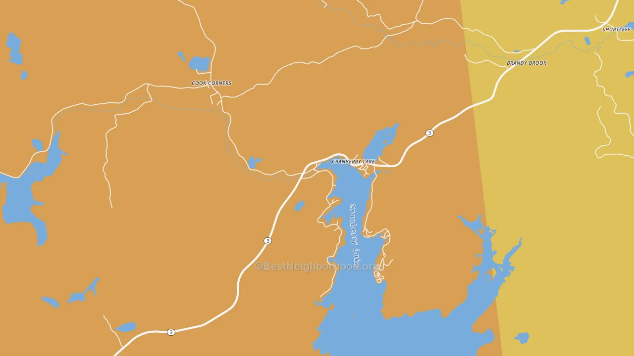 Map of the best neighborhoods in the Cranberry Lake area, with better matches in green and worse matches in red