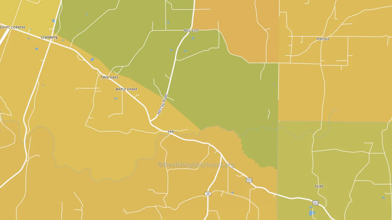 Map of the best neighborhoods in the Cranberry area, with better matches in green and worse matches in red