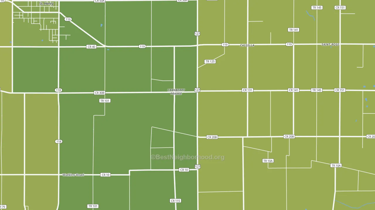 Map of the best neighborhoods in the Cranberry Prairie area, with better matches in green and worse matches in red