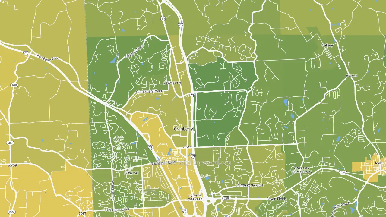 Map of the best neighborhoods in the Cranberry Twp area, with better matches in green and worse matches in red