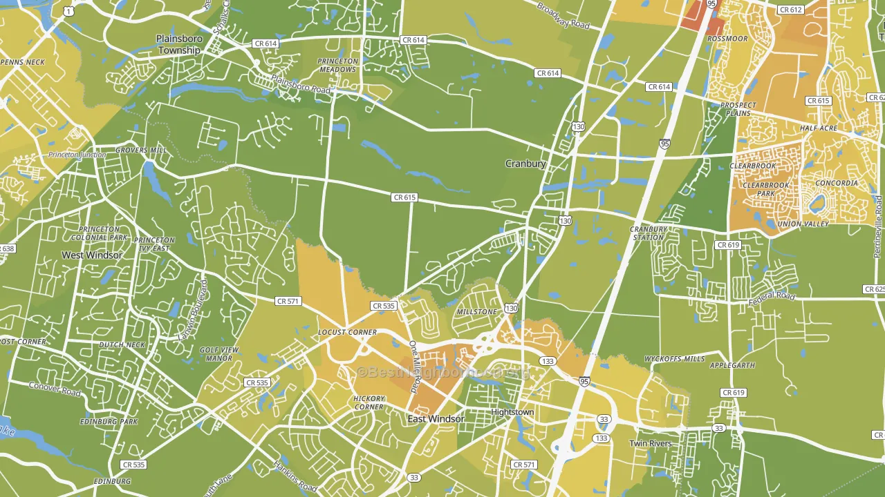 Map of the best neighborhoods in the Cranbury area, with better matches in green and worse matches in red