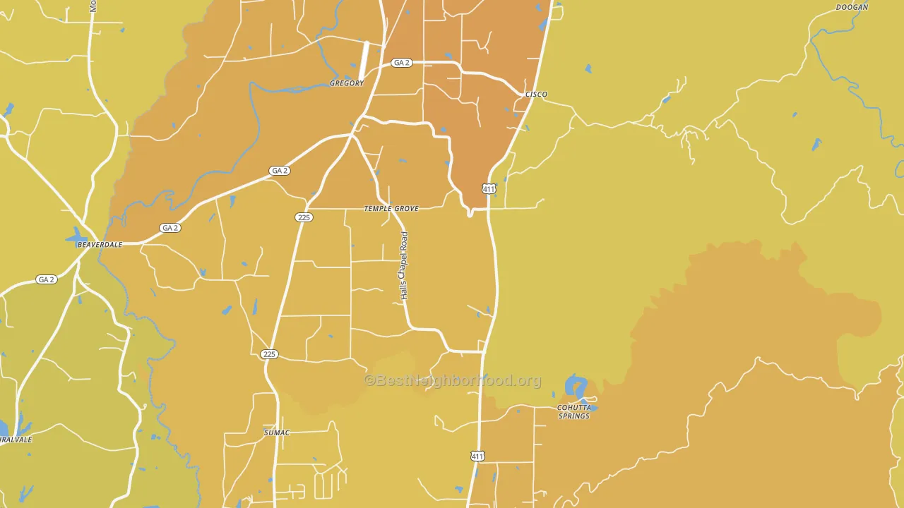 Map of the best neighborhoods in the Crandall area, with better matches in green and worse matches in red