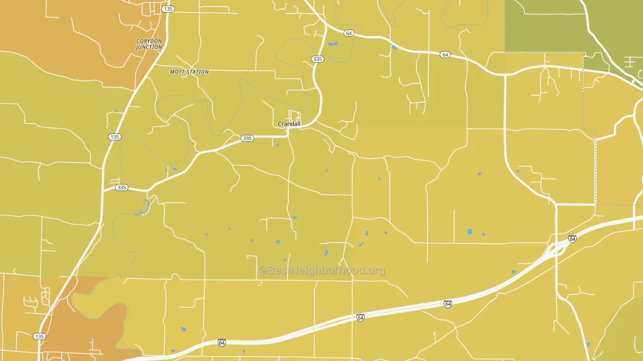 Map of the best neighborhoods in the Crandall area, with better matches in green and worse matches in red
